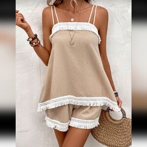 SHEIN Beige and White Crochet Trim Tank Top & Short Set